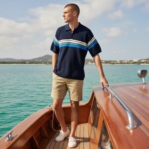 Simply Southern Outfitters Mens‎ XL Knit Polo Sweater Navy Blue Striped Cotton